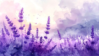 Watercolor painting of lavender field against a soft cloudy backdrop. The scene is bathed in soft purple hues and light