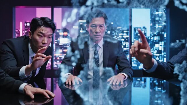 Asian businessmen meeting in a futuristic office, interacting with a global holographic projection on a dark table, discussing worldwide strategies and innovations in a modern corporate setting - Powered by Adobe