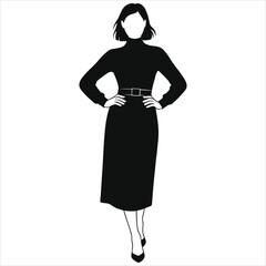 Elegant winter fashion silhouette of woman in wool knit dress with belt, stylish feminine outfit design vector illustration, cozy seasonal clothing concept for fashion design, boutiques, apparel brand