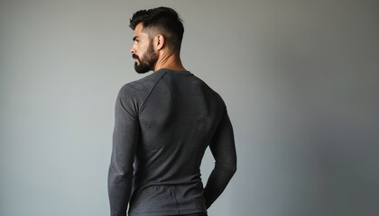 Man wearing dark long sleeve base layer shirt. Muscular physique, beard style, posing side profile, indoor studio shot. Apparel for active lifestyle.