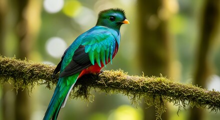 Fototapeta premium Stunning Resplendent Quetzal bird perched on mossy branch in lush vibrant rainforest canopy, a symbol of natural beauty and ecological wonder.