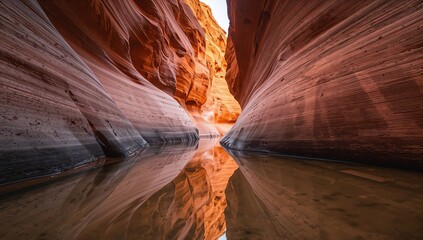Canyons Embrace, Mirrored. Abstract Geological Forms and Reflections in Still Water.