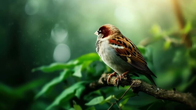 A brown and white bird is perched on a branch. The bird is sitting on a green leaf