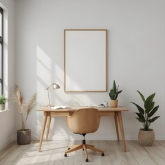 modern nordic home office interior with empty frame mockup, wooden desk, minimalist workspace decor, cozy scandinavian design