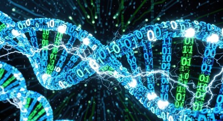 Digital helix conceptualizing genetic code, illustrating computational biology