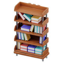 3D bookshelf icon. 3D icon render of bookshelf with transparent background.