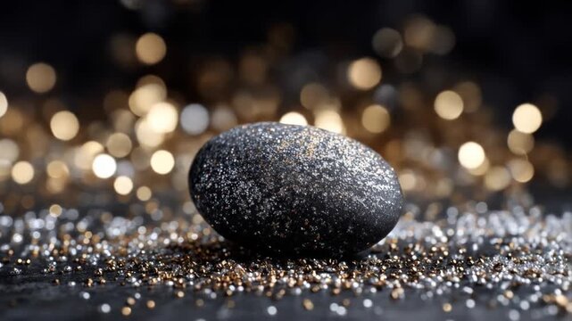 A dark egg-shaped object is speckled with glitter, resting amidst scattered silver and gold particles, with bokeh lights