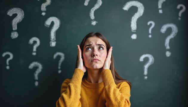 Young woman looks up stressed hands cover ears near chalk drawn question marks. Confused girl faces dilemma needs help finding answer. Doubtful student feels overwhelmed seeking solution at school.