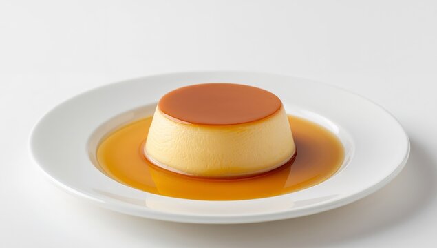 Caramel Cream Roundel. A Smooth Dessert on White, Featuring Light Yellow and Brown Shades.