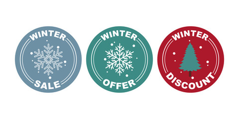 Three winter themed sale offer and discount badges with snowflakes and tree icons on white