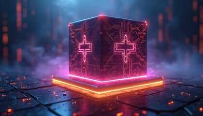 Glowing cube with circuits represents cloud computing and big data transfer. Abstract futuristic digital network connects information and systems. Technology innovation powers data processing.