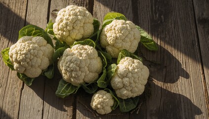 Obraz premium Cauliflower Arrangement on Rustic Wood Surface Sunlight and Shadows Create Textured Effect.