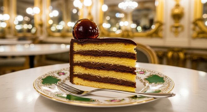 Slice of classic Hungarian Dobos Torte with chocolate cream and caramel on elegant plate