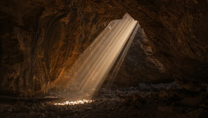 Cave Interior with Light Shafts, Textural Rock Formations, and Rocky Ground.