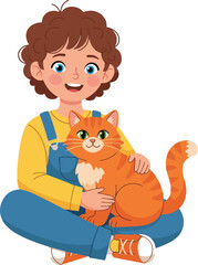 happy young boy with curly brown hair, wearing a yellow long-sleeved shirt and blue overalls, sitting cross-legged and gently holding an orange tabby cat, both looking forward.