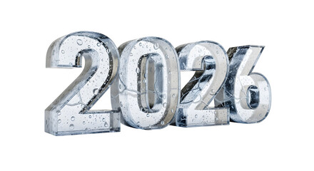 Shiny metallic 3d numbers 2026 with a frosty icy texture isolated on transparent background