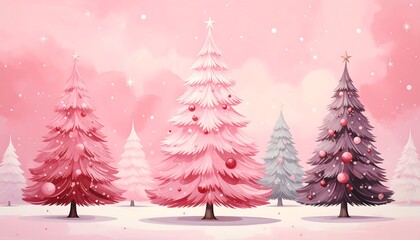 Obraz premium Watercolor painting of several stylized Christmas trees in various shades of pink and gray against a pink, snowy background