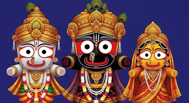 Vibrant depiction of Lord Jagannath, Balabhadra, and Subhadra adorned in ornate golden crowns and colorful attire against a rich blue backdrop, evoking spiritual joy and cultural heritage.