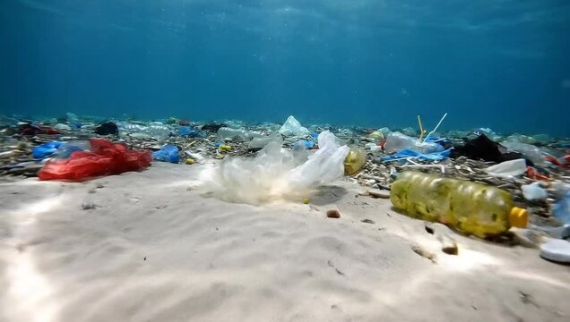 Underwater view of plastic pollution on the ocean floor, showing various plastic bottles, bags, and debris littering the sandy seabed.