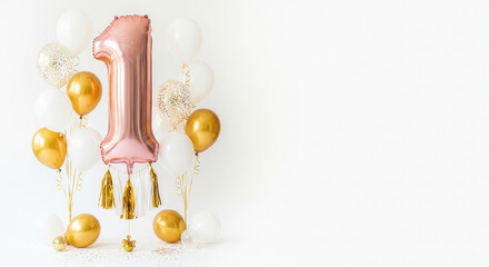 Celebratory balloons number one with gold white and pink elements on white