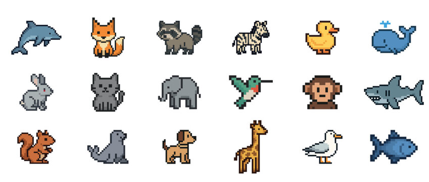 Colorful pixel art animals collection featuring diverse wildlife