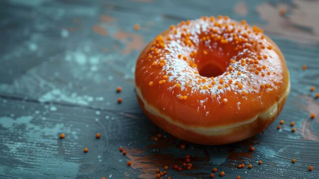A donut with powdered sugar on top. It is orange in color. It is sitting on a wooden table