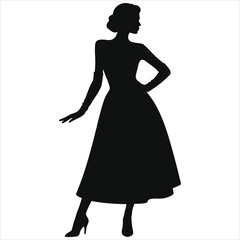 Elegant winter evening woman silhouette in long formal dress with gloves and high heels, vector fashion illustration for holiday party invitation, seasonal greeting cards, vintage feminine style 