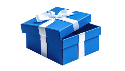 A blue gift box, with the lid ajar, tied with a white ribbon and bow, rendered against a black background