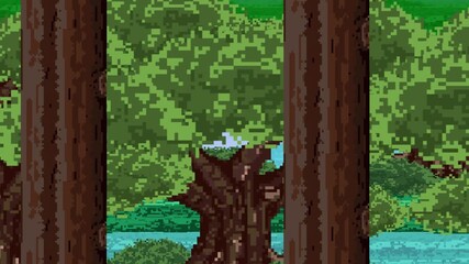 Pixel art style animation of a forest with trees passing by, art, vintage, old.