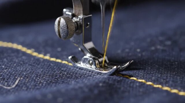 Close up of sewing machine needle with yellow thread on dark fabric.