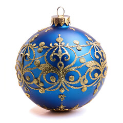 Blue ball with a gold pattern as a decoration for Christmas tree on white background.