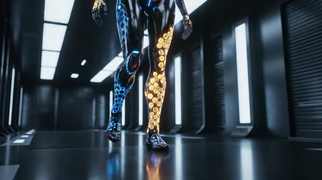Advanced ai android legs with glowing hexagonal circuits stride through a dark futuristic corridor, symbolizing technology, speed, data networks, and robotic innovation