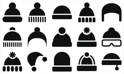 Winter Hat Icons Set Vector – Beanie, Knitted Cap, Pom Pom, Ski Hat, Cold Weather Accessories, Black Silhouette Style, Warm Headwear Symbol Pack for Seasonal Design and Graphic Projects