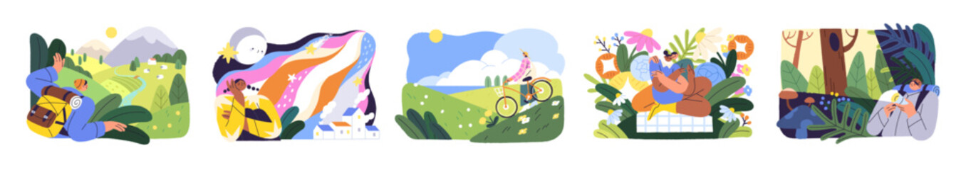 Fototapeta premium People hiking in nature set. Men and women with backpacks travel, trekking. Characters walk on meadows, forest. Couple has a picnic outdoors. Flat isolated vector illustrations on white background.