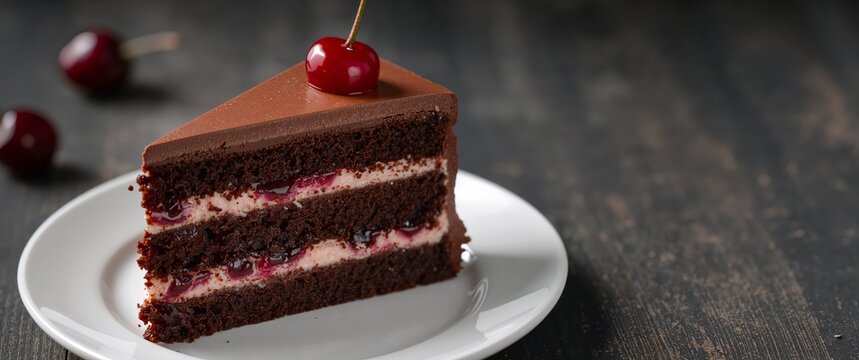 Chocolate Layers. A Slice of Culinary Artistry with Glazed Topping and Fruit Accent. - Powered by Adobe