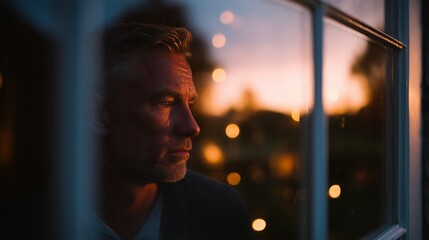 Man looking contemplative out of a window during sunset with warm light in the background