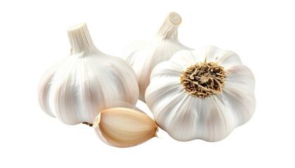 Close-up studio shot of a grouping of raw garlic bulbs and a single clove, showing white paper-like exteriors