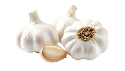 Close-up studio shot of a grouping of raw garlic bulbs and a single clove, showing white paper-like exteriors