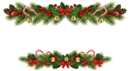 Festive Christmas Garland Border with Holly Berries Golden Bells Candy Canes Evergreen Branches and Elegant Red Bows Ideal for Holiday Greetings Invitation Design and Seasonal Celebration Art
