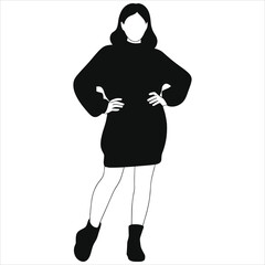  Silhouette of Woman in Oversized Winter Sweater Dress and Boots Vector - Cozy Cold Weather Fashion Graphic Isolated on White Background