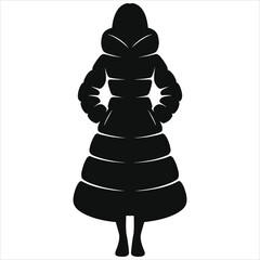 Black Silhouette of Woman in Hooded Puffer Winter Dress Vector – Warm Cold-Weather Apparel Illustration for Fashion Design, Seasonal Graphics & Winter Style Projects