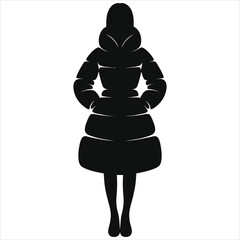 Stylish Black Silhouette of Woman in Trendy Puffer Dress, Winter Fashion Vector Illustration, Cold Weather Apparel, Cozy Outerwear Design, Minimalist Graphic for Clothing Brand & Promotions