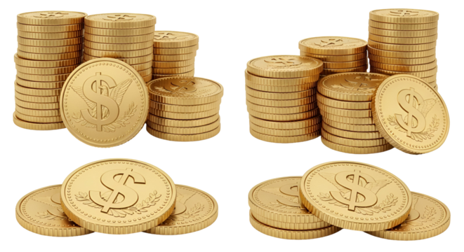 Luminous Dollar Coins Arrayed in Stacks Symbolizing Financial Prosperity and Wealth Accumulation Golden Currency Stacks for Investment Plans and Economic Growth High Value Assets