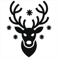 Christmas reindeer head silhouette vector icon with snowflakes. Black deer face logo with antlers isolated on white background. Winter holiday decoration and minimalist animal graphic design.
