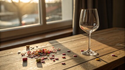 Empty Wine Glass, Colorful Candies, Golden Hour