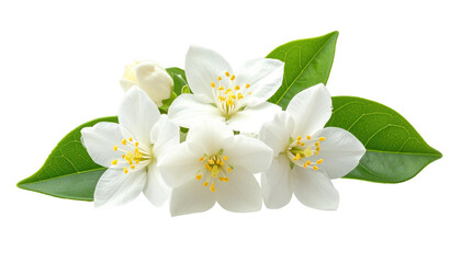Close-up of delicate white blossoms with yellow centers, accompanied by fresh green leaves and unopened buds against a black backdrop