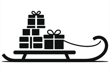 Christmas sledge with presents vector icon. Simple black silhouette of a sleigh full of gift boxes. Winter holiday illustration for festive design, isolated on white background.