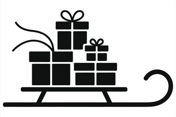 Christmas sledge with gift boxes silhouette vector icon – festive winter holiday illustration for greeting card, banner, poster, wrapping pattern, Santa present delivery concept, isolated clipart