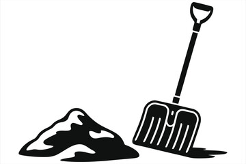 Snow shovel and snow pile vector icon. Winter season snow removal and shoveling concept. Simple black silhouette of a spade in a snowdrift, isolated on white background. Cleanup equipment symbol.