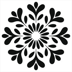 Black snowflake mandala vector icon isolated on white background. Ornamental floral winter design element. Christmas decoration silhouette symbol. Geometric symmetry pattern for New Year holiday card.